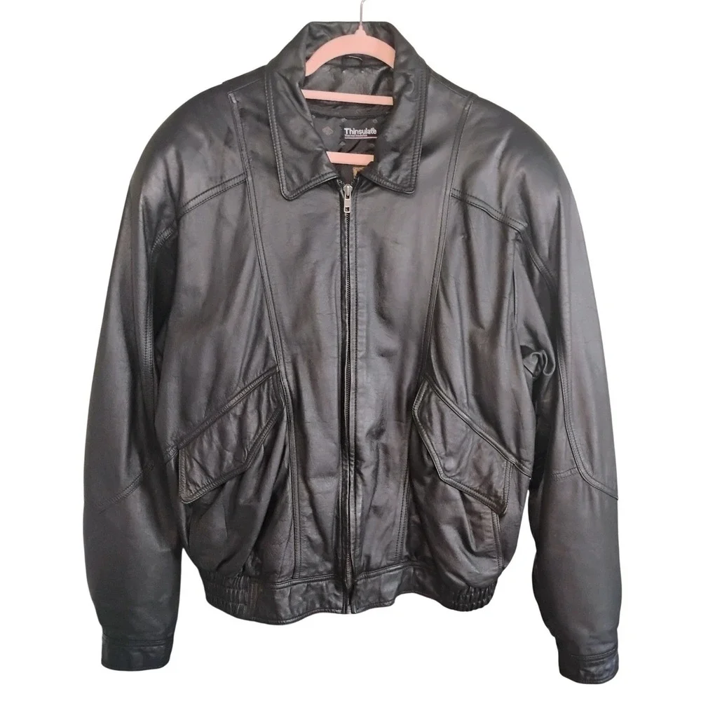 VTG Byrnes & Baker Mens Black Leather Bomber Jacket XL Long Thinsulate Lined